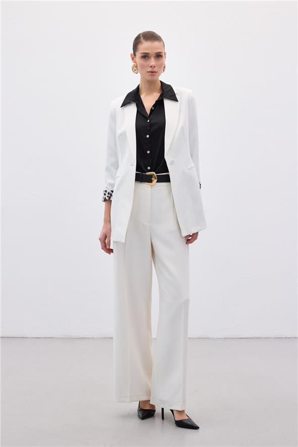 Mono Yaka Klasik Ceket - Ekru-Siyah