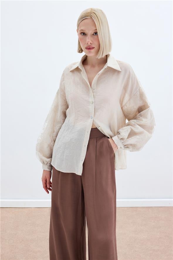 Nakış Detaylı Kraşlı Gömlek - Bej