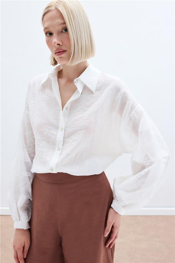 Nakış Detaylı Kraşlı Gömlek - Ekru