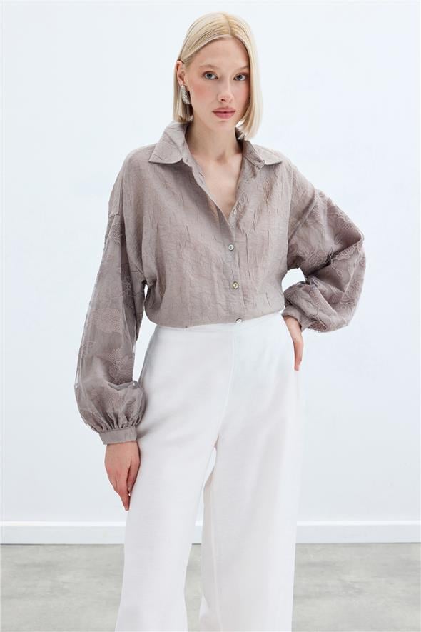 Nakış Detaylı Kraşlı Gömlek - Vizon