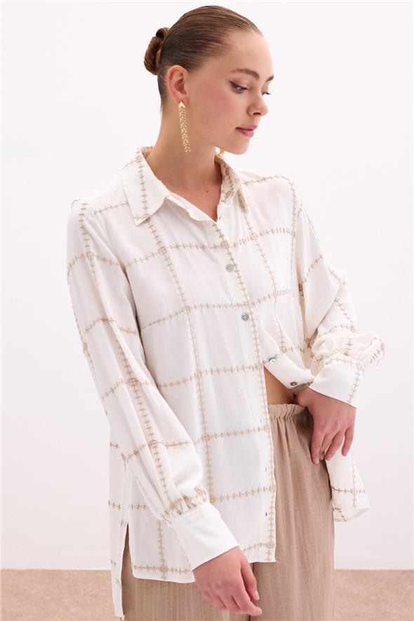 Nakış Detaylı Viskon Gömlek - Bej
