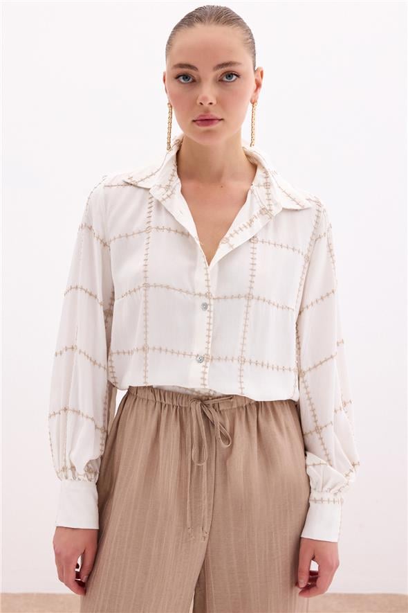 Nakış Detaylı Viskon Gömlek - Bej