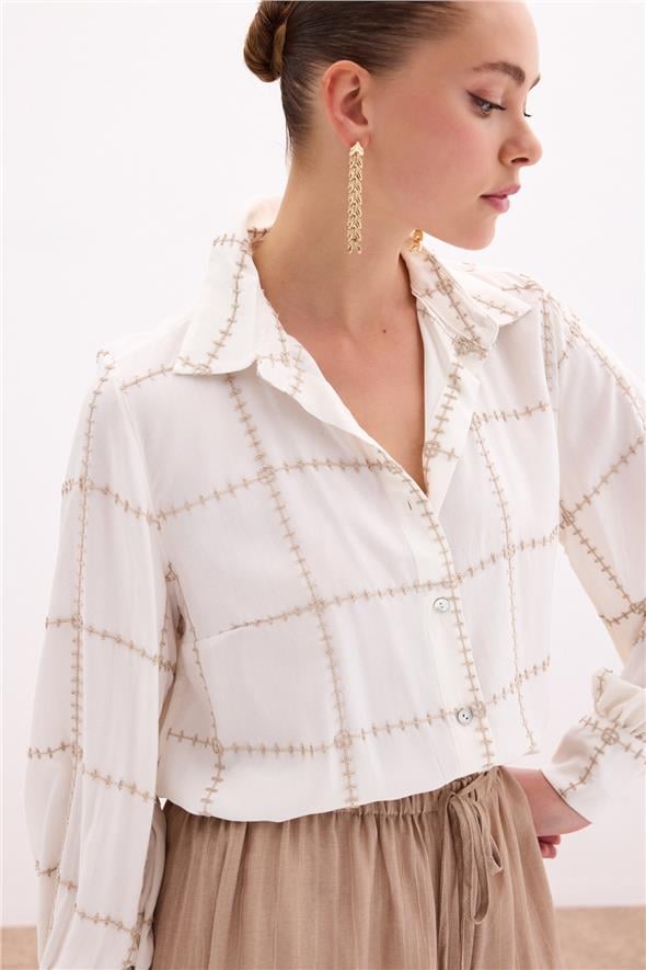 Nakış Detaylı Viskon Gömlek - Bej