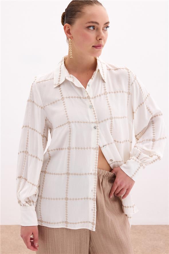 Nakış Detaylı Viskon Gömlek - Bej