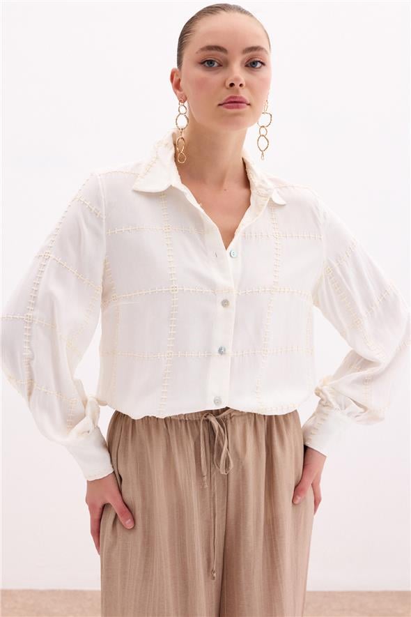 Nakış Detaylı Viskon Gömlek - Krem