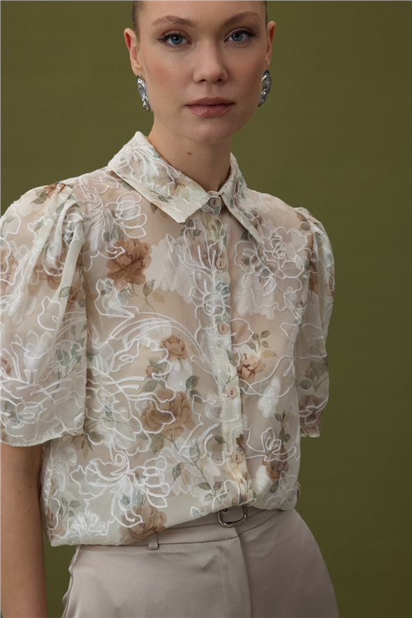 Nakışlı Kısa Kollu Gömlek - Vizon