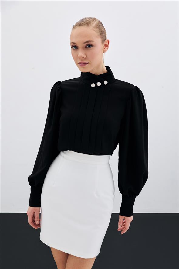 Nervür Detaylı Bluz - SİYAH