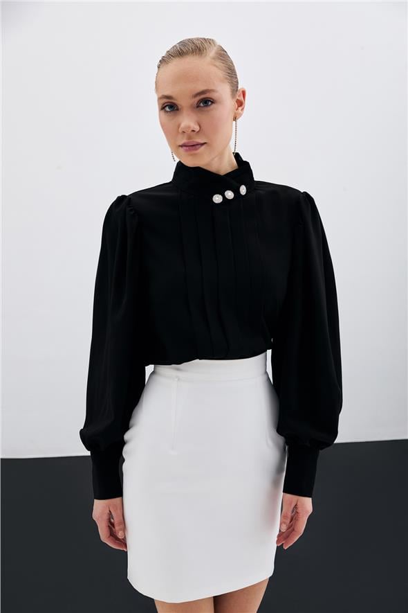 Nervür Detaylı Bluz - SİYAH