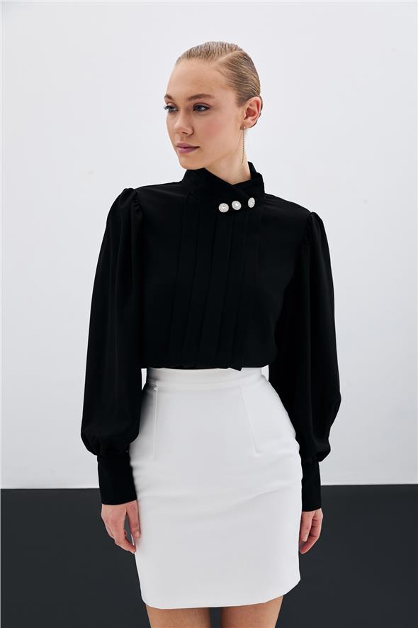 Nervür Detaylı Bluz - SİYAH