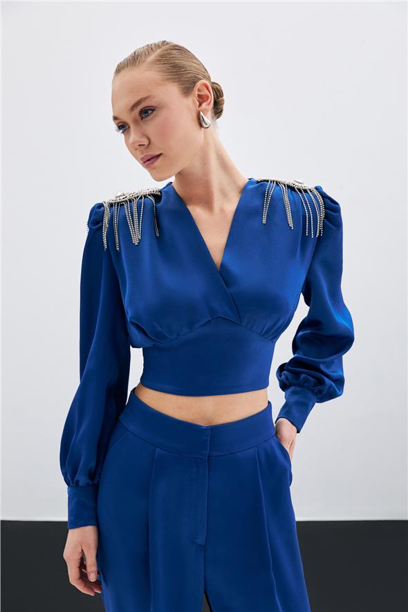 Omuz Aksesuarlı Kısa Bluz - İndigo