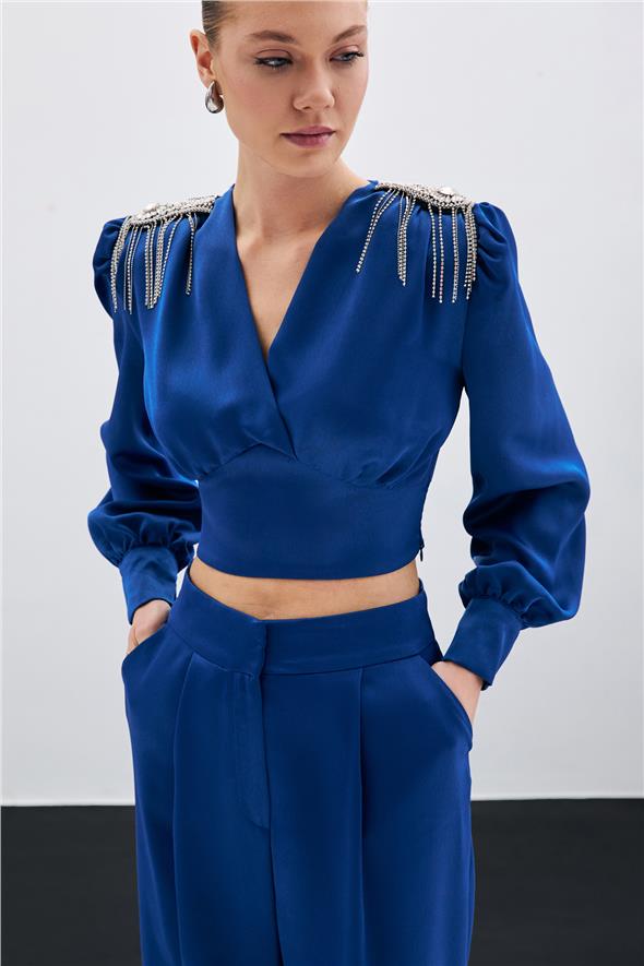 Omuz Aksesuarlı Kısa Bluz - İndigo