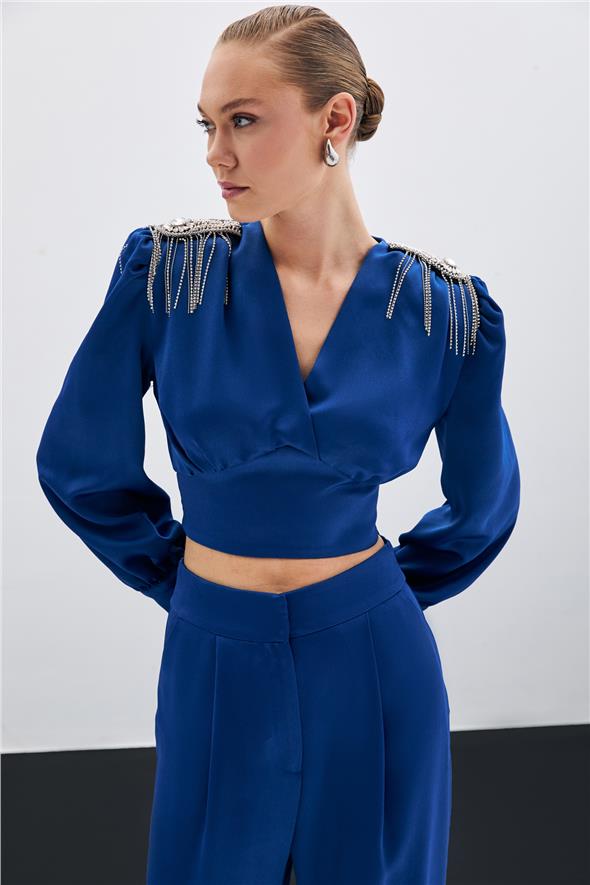 Omuz Aksesuarlı Kısa Bluz - İndigo