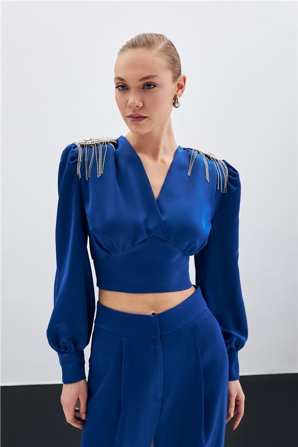 Omuz Aksesuarlı Kısa Bluz - İndigo