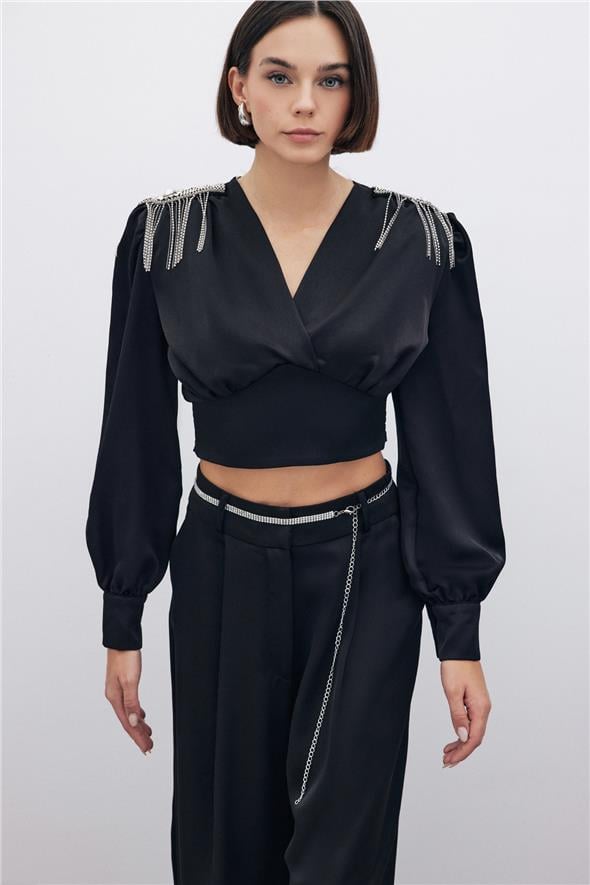 Omuz Aksesuarlı Kısa Bluz - Siyah