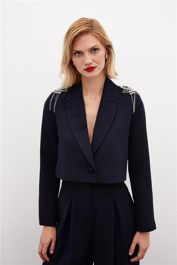 Omuz Aksesuarlı Kısa Ceket - Lacivert