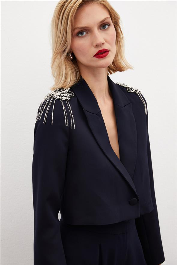 Omuz Aksesuarlı Kısa Ceket - Lacivert