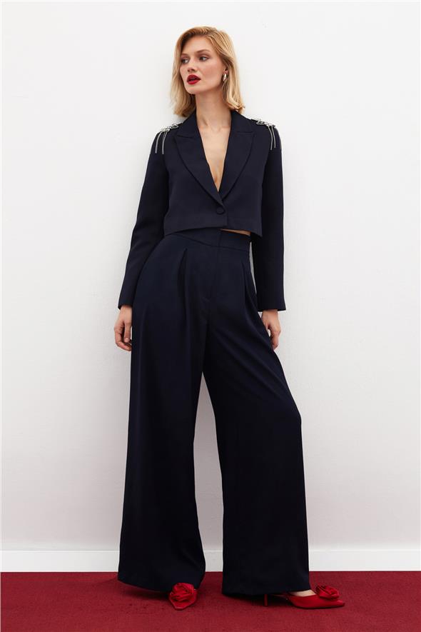 Omuz Aksesuarlı Kısa Ceket - Lacivert