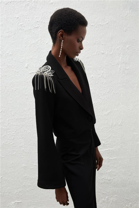 Omuz Aksesuarlı Kısa Ceket - Siyah