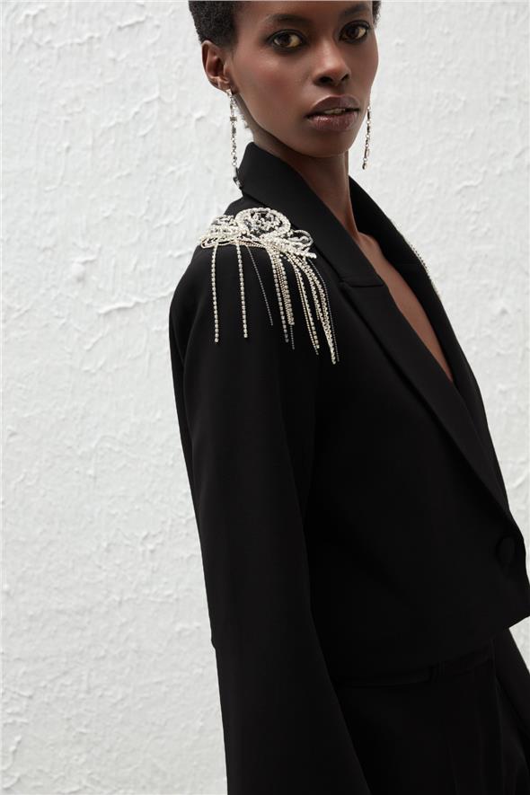 Omuz Aksesuarlı Kısa Ceket - Siyah