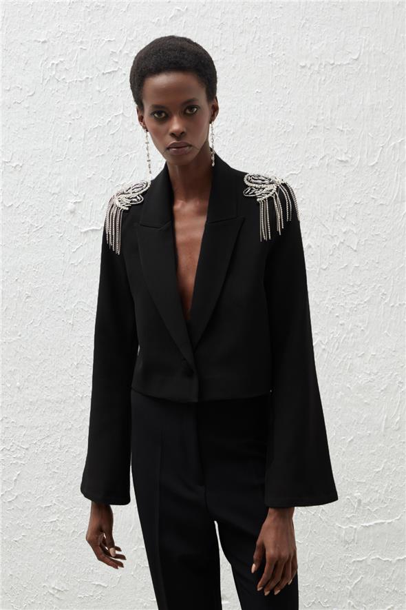 Omuz Aksesuarlı Kısa Ceket - Siyah