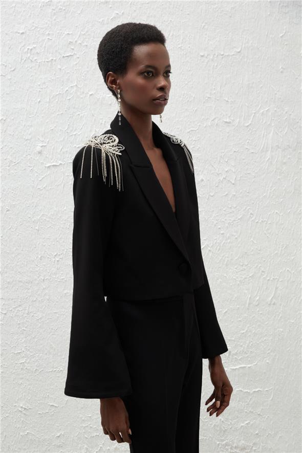 Omuz Aksesuarlı Kısa Ceket - Siyah