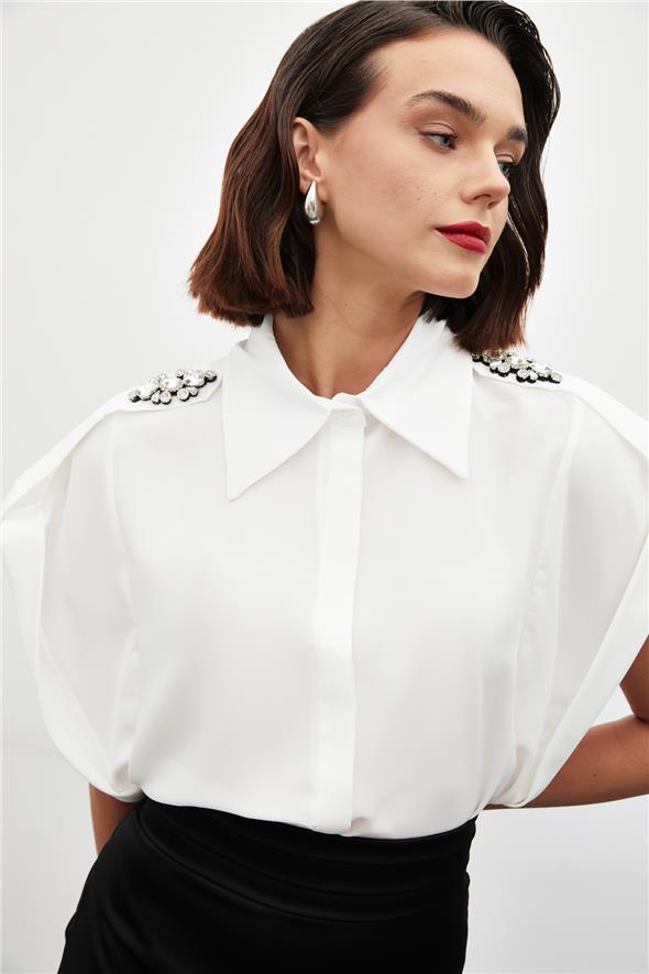 Omuz Aksesuarlı Kısa Kol Gömlek - Ekru
