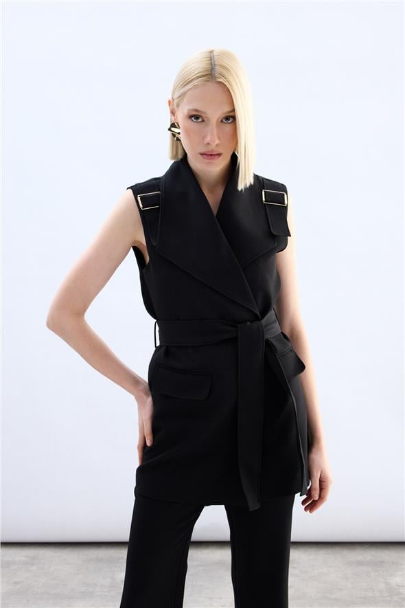 Omuz Aksesuarlı Kuşaklı Yelek - Siyah