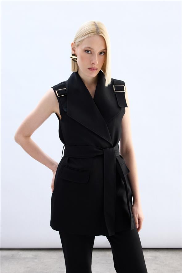 Omuz Aksesuarlı Kuşaklı Yelek - Siyah