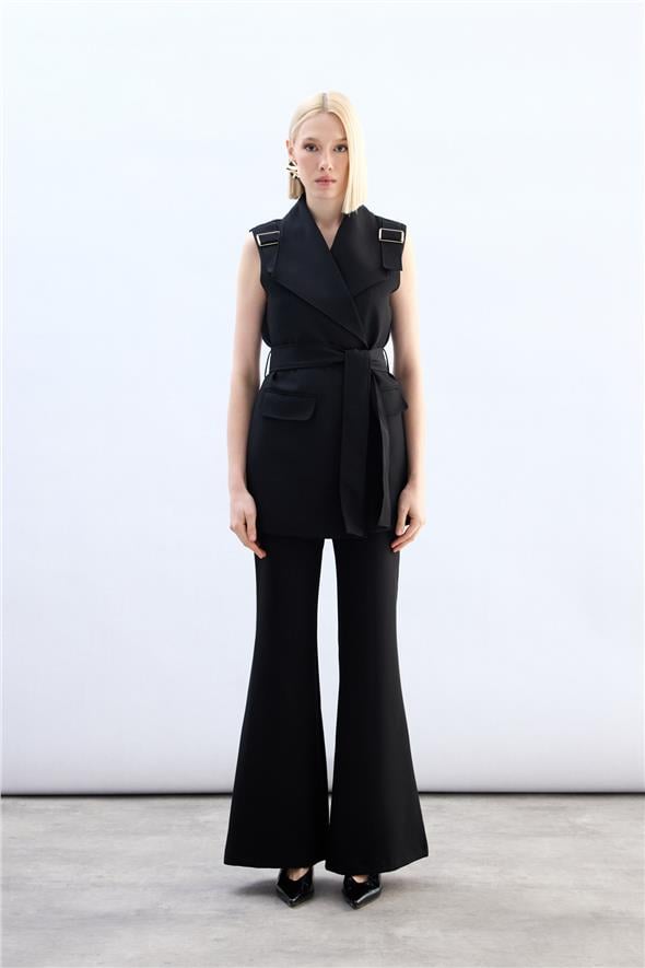 Omuz Aksesuarlı Kuşaklı Yelek - Siyah