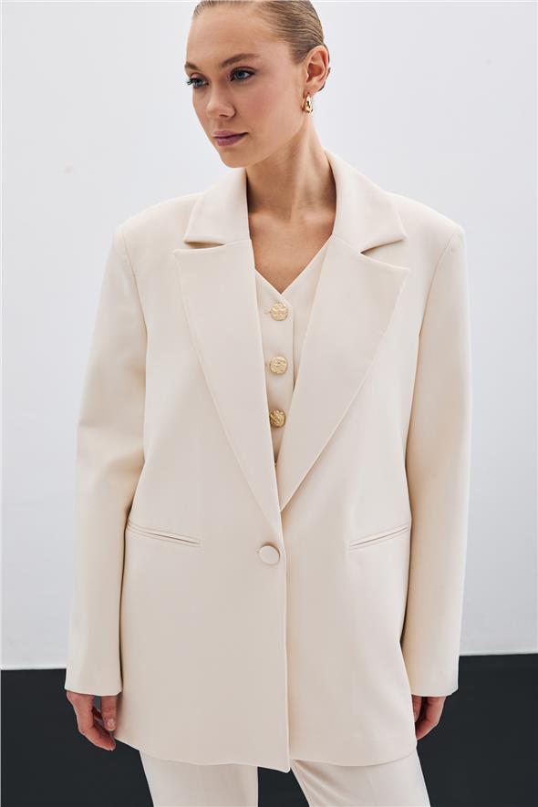 Ön Tek Düğmeli Uzun Ceket - Bej