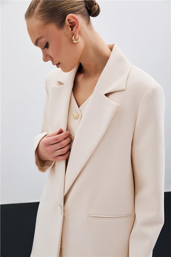 Ön Tek Düğmeli Uzun Ceket - Bej