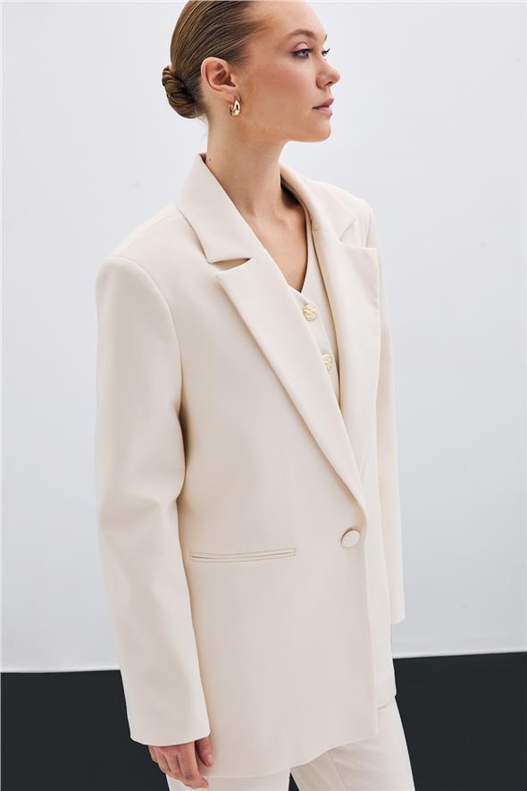 Ön Tek Düğmeli Uzun Ceket - Bej