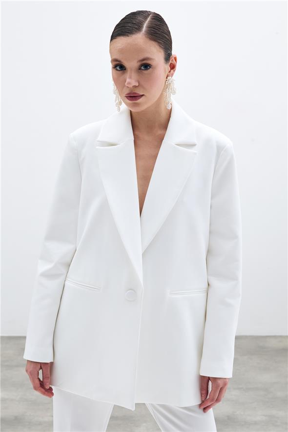 Ön Tek Düğmeli Uzun Ceket - Ekru