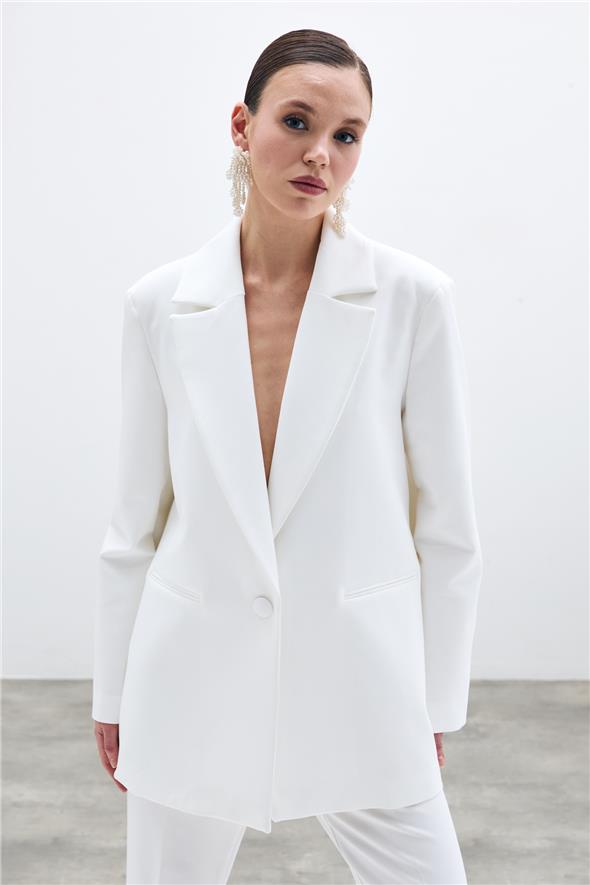 Ön Tek Düğmeli Uzun Ceket - Ekru