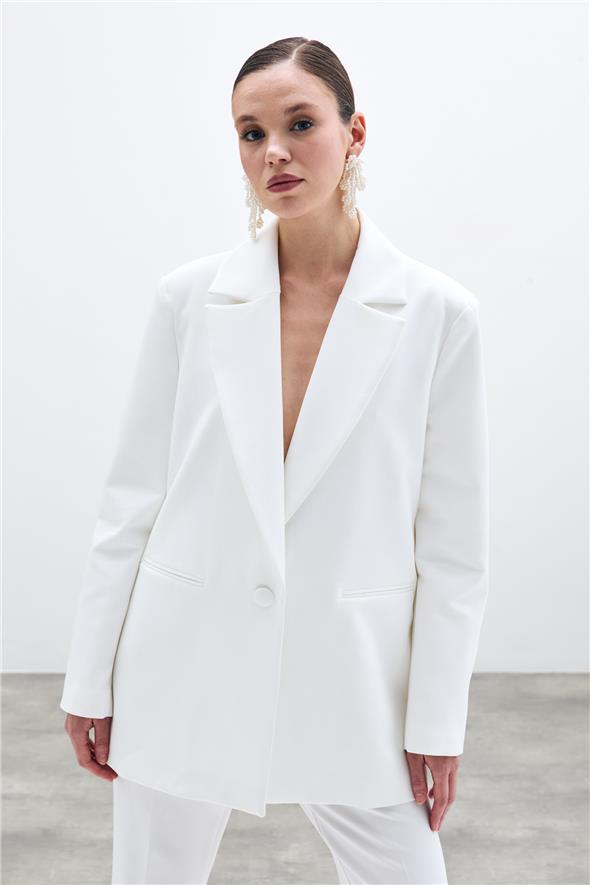 Ön Tek Düğmeli Uzun Ceket - Ekru