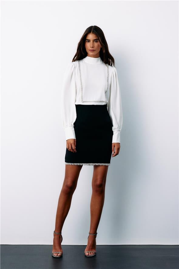 Önü Taş Detaylı Bluz - Ekru