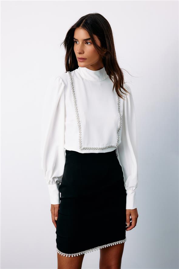 Önü Taş Detaylı Bluz - Ekru