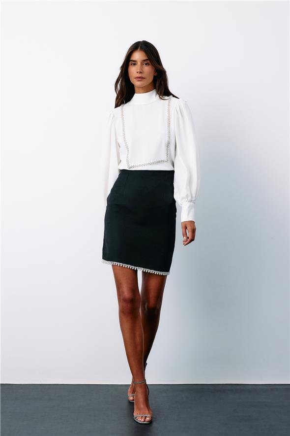 Önü Taş Detaylı Bluz - Ekru