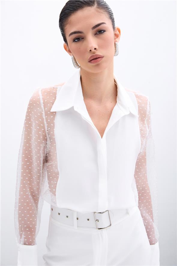 Organze Detaylı Gömlek - Ekru