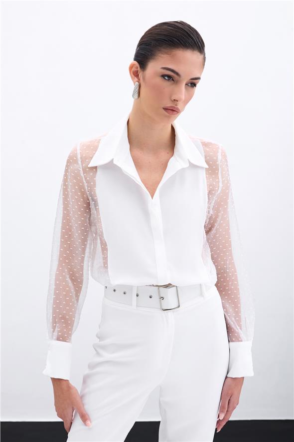 Organze Detaylı Gömlek - Ekru