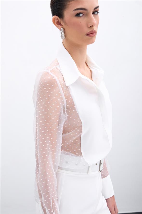 Organze Detaylı Gömlek - Ekru