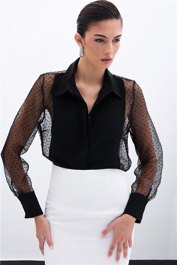Organze Detaylı Gömlek - Siyah