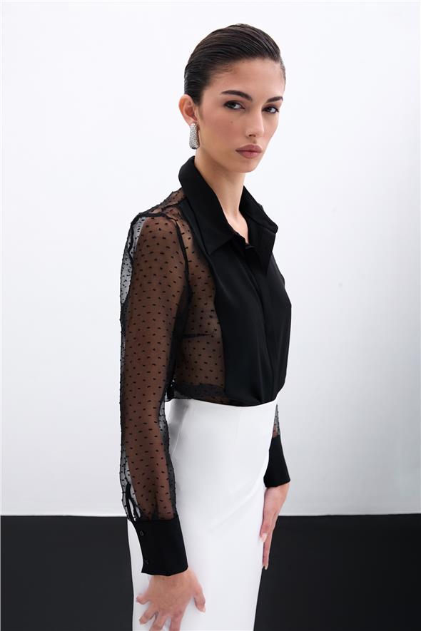 Organze Detaylı Gömlek - Siyah