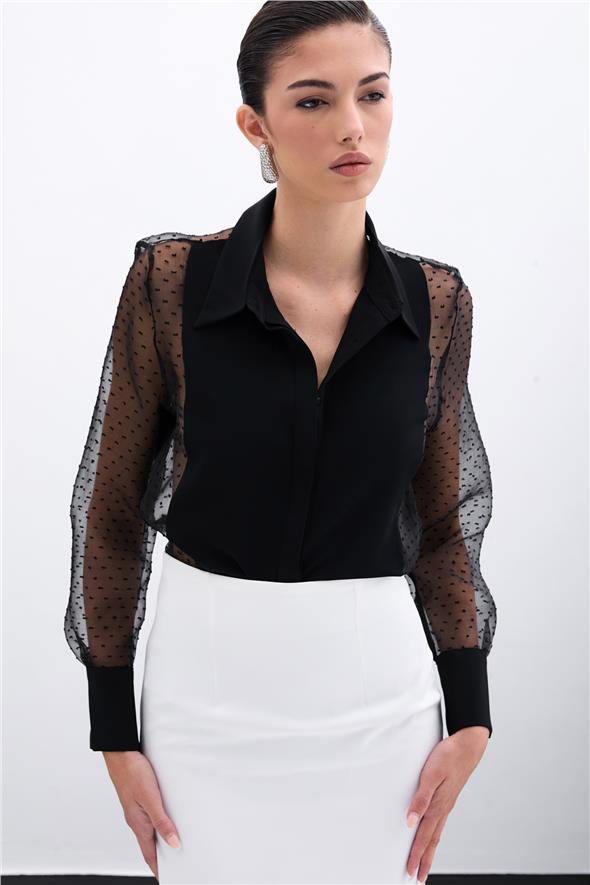 Organze Detaylı Gömlek - Siyah