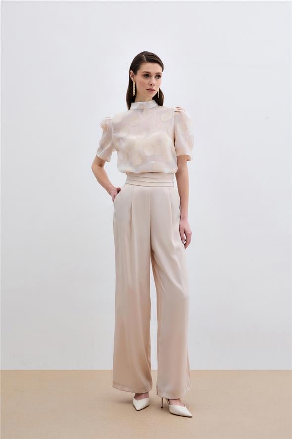 Organze Kısa Kol Bluz - Bej