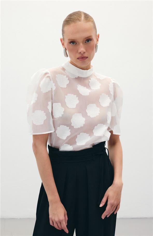 Organze Kısa Kol Bluz - Ekru