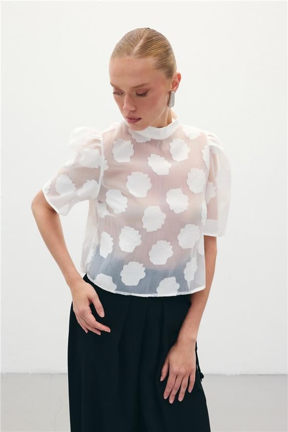 Organze Kısa Kol Bluz - Ekru