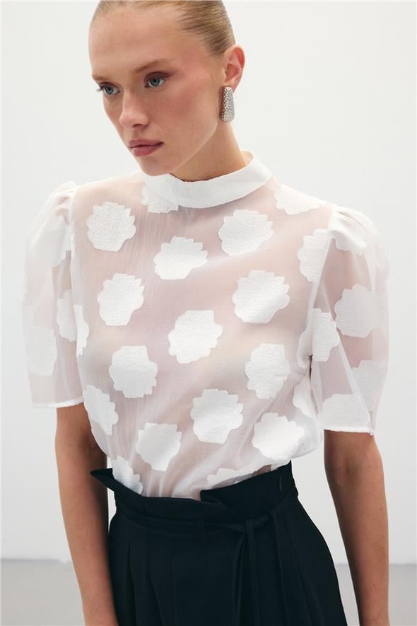 Organze Kısa Kol Bluz - Ekru