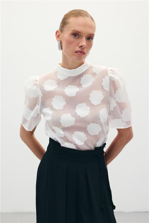 Organze Kısa Kol Bluz - Ekru