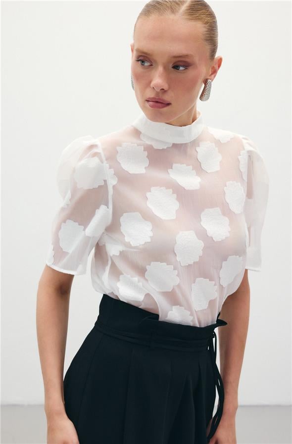 Organze Kısa Kol Bluz - Ekru
